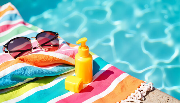 Summer essentials relaxing by the pool with sunscreen and sunglasses  