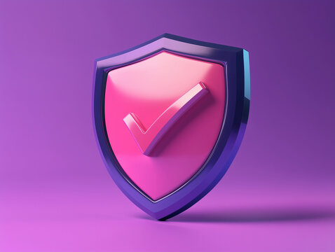 Pink translucent shield with check mark on a purple background, 3D render