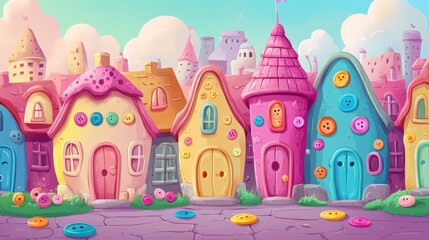 Whimsical Fantasy Village with Colorful Houses and Playful Buttons, Perfect for Children's Illustrations, Storybooks, and Imaginative Projects Featuring a Cheerful Atmosphere