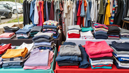Colorful folded clothing displayed at a market stall  