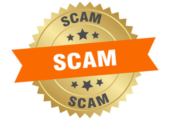 scam. scam round orange and gold label isolated on transparent background