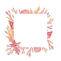 Frame with corals and seaweed. Watercolor hand painted illustration.