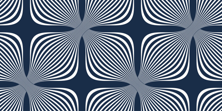 Linear geometric flowers seamless pattern, vector tiling abstract background of optical art lines curvy shapes look like flowers, elegant endless wallpaper.