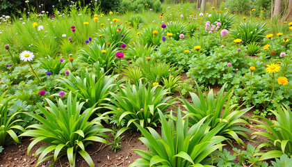 Fototapeta premium Colorful flowers blooming in a vibrant garden landscape 