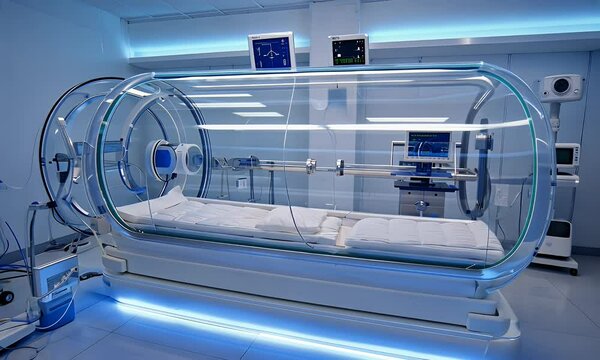 A modern hyperbaric chamber used in medical treatments with monitors and support systems.