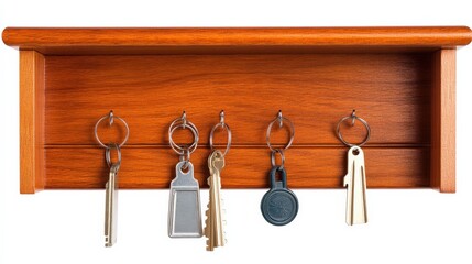 Wooden Key Holder with Six Metal Hooks Displaying Various Keys and Tags in a Modern Home Setting for Organization and Décor