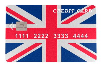 Plastic credit card in the form of the flag of Great Britain on transparent background (close-up). Online payment by credit card for purchases in online stores