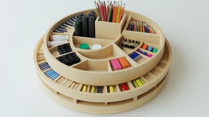 Wooden organizer filled with various art supplies and stationery items including pens, pencils, markers, crayons, and paint, perfect for creative workspaces and organization