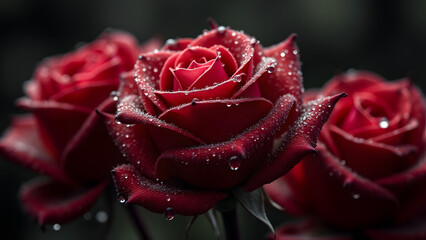 Grayscale dew drops on red roses create striking monochromatic contrast with hidden tonal complexity.