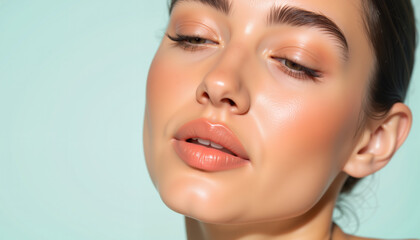 Obraz premium Beautiful woman expressing serenity against a pastel background 