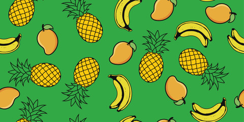 This vibrant pattern features a cheerful arrangement of pineapples, bananas, and mangoes. Vector for print.