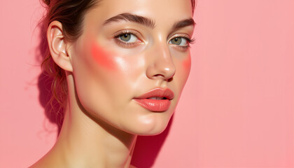 Fototapeta premium Beautiful woman with glowing skin posing against a pink background 