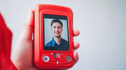 Young man holding a vintage handheld device with a display screen showcasing his portrait, bright colors and modern design aesthetic in a minimalistic background