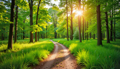 Fototapeta premium Lush forest pathway illuminated by sunlight in a serene environment 