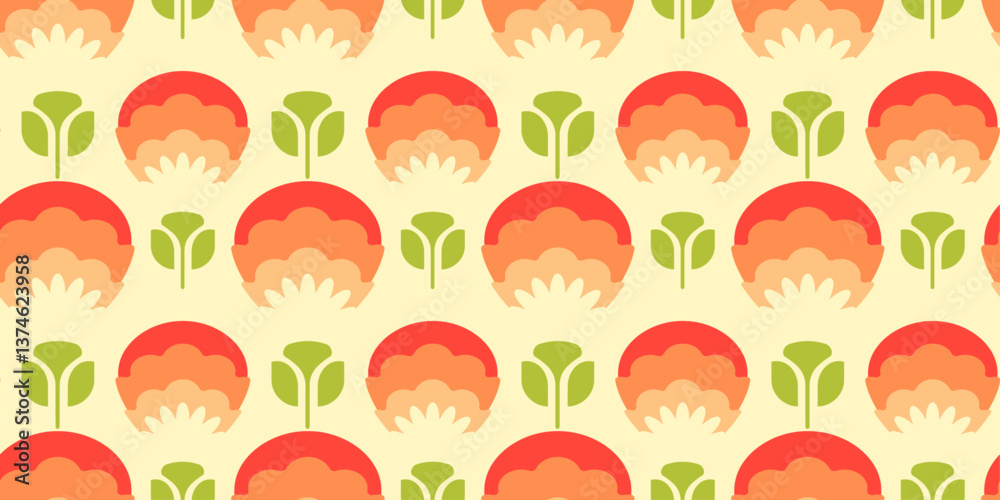 Poster image features a repeating pattern of stylized flowers on a light yellow background. the flowers are