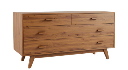 A light brown wooden dresser with four drawers and small wooden handles in a studio setting