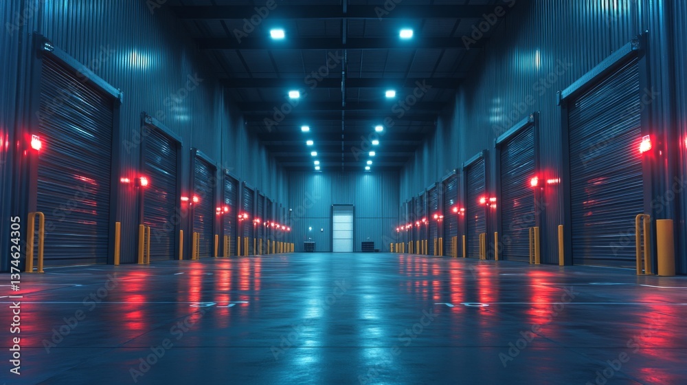 Aufkleber large, open warehouse designed for logistics activities featuring multiple loading bays, vibrant lig