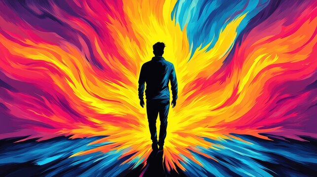 Figure in vivid explosion of light, color, and energy in surreal landscape