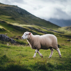 Obraz premium Sheep grazing peacefully on a lush green hillside beneath a moody sky in a serene countryside landscape