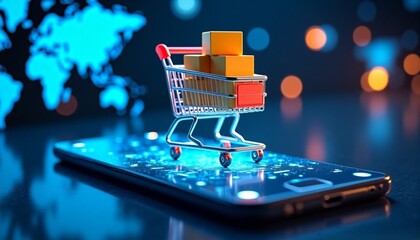 Illustration of a miniature shopping cart placed on a smartphone, filled with branded product boxes, in an abstract environment representing global connectivity. Generative AI