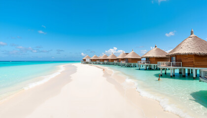 Fototapeta premium Stunning Overwater Bungalows by Clear Blue Ocean and Sand Beach 