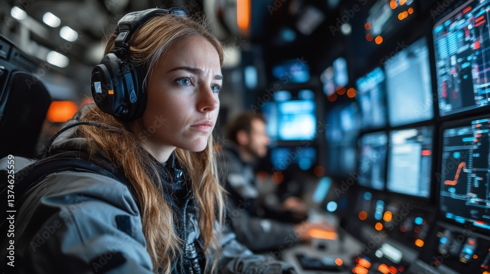 Poster Operators focus intently on various screens displaying vital metrics related to rocket propulsion and recovery during a space launch, showcasing precision and responsibility in aerospace operations.