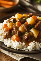 Classic Beef Stew Served with White Rice and Vegetables