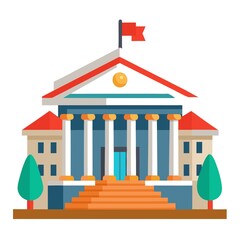 A large building with a red roof and white pillars