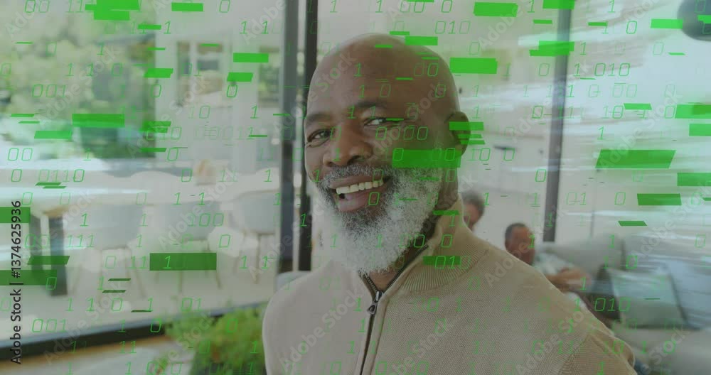 Poster smiling man with digital binary code and green data processing animation overlay