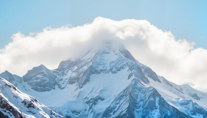 Obraz premium Majestic mountain peak shrouded in clouds against a blue sky 