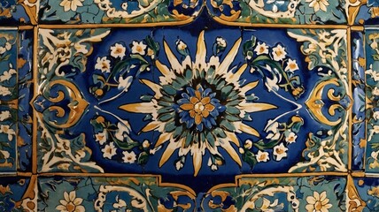Obraz premium Intricate blue and gold tile design featuring floral patterns, showcasing artistic craftsmanship in traditional decor.