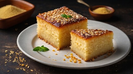 Delicious honey cake with a golden crust and nut toppings, served on a plate with a sprig of mint.
