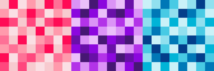 Set of seamless pink, purple anf blue pixel pattern. Collection of abstract vector backgrounds. Mosaic texture. Geometric minimalistic wallpaper.