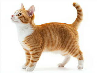 Striped orange cat walking with tail raised, photo