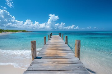 Obraz premium Wooden pier stretching into the turquoise Caribbean sea under a cloudy sky