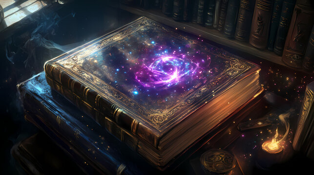 Forgotten folios and luminous symbols delve into the untold mysteries of the wizards library with ornately decorated spellbooks swirling motes of arcane energy. Arcane Talisman. Illustration