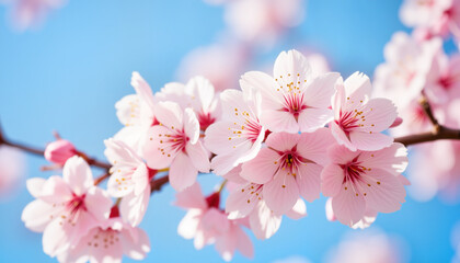 Naklejka premium Cherry blossoms blooming against a bright blue sky 
