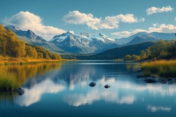 Stunning norwegian landscape reflecting on a lake during autumn