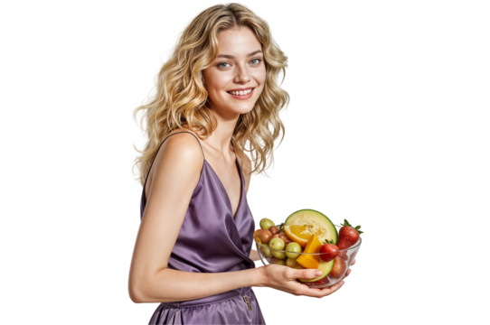 young woman with basket of fruits beautiful blonde girl holding a fruit plate png transparent background - Powered by Adobe