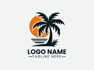 Obraz premium Palm Tree Orange Sun Tropical Beach Vector Logo Design, Tropical Beach Palm Tree Sun Logo, Sunset Palm Tree Beach Logo, Paradise Palm Tree Sun Logo