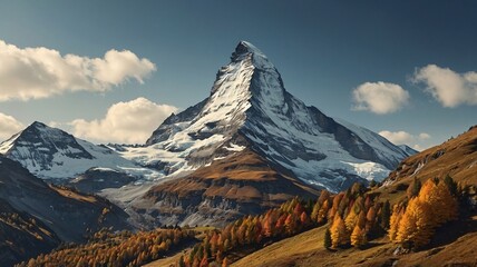 Fototapeta premium Majestic peak of the Matterhorn rises against a clear sky, surrounded by vibrant autumn foliage.