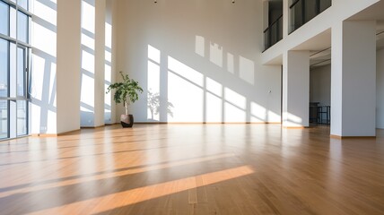 Fototapeta premium Empty Modern Loft Interior: A spacious, modern loft interior is bathed in sunlight streaming through large windows, featuring a polished wooden floor and minimalist design.