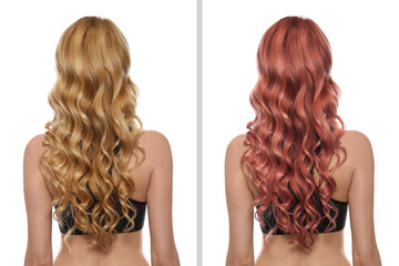 Fototapeta premium Woman before and after hair dyeing procedure on white background, back view. Collage of photos