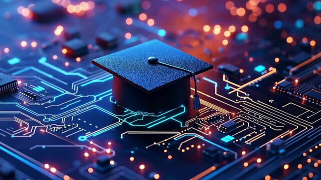 A graduation cap sits atop a glowing circuit board filled with intricate patterns. The bright blue and red lights create a futuristic atmosphere, symbolizing the blend of education and technology.