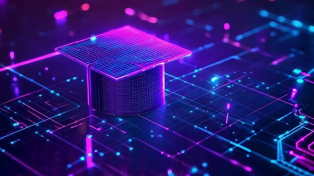 A graduation cap sits atop a glowing circuit board filled with intricate patterns. The bright blue and red lights create a futuristic atmosphere, symbolizing the blend of education and technology.