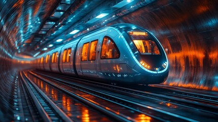 A high speed train travels through a modern underground tunnel, its sleek design contrasting against the reflective, illuminated walls as colorful lights create a dynamic atmosphere.