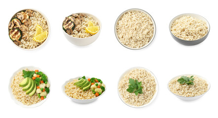 Tasty brown rice in bowls isolated on white, collage. Top and side view