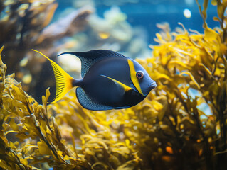 Blue and yellow reef fish next to colorful coral, digital illustration