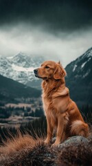 Obraz premium Golden retriever sitting on a rock enjoying mountain view