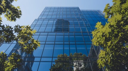 Modern Office Building: A modern glass and steel office building rises majestically towards the sky, framed by the lush green canopy of trees. Capturing the essence of contemporary urban design.